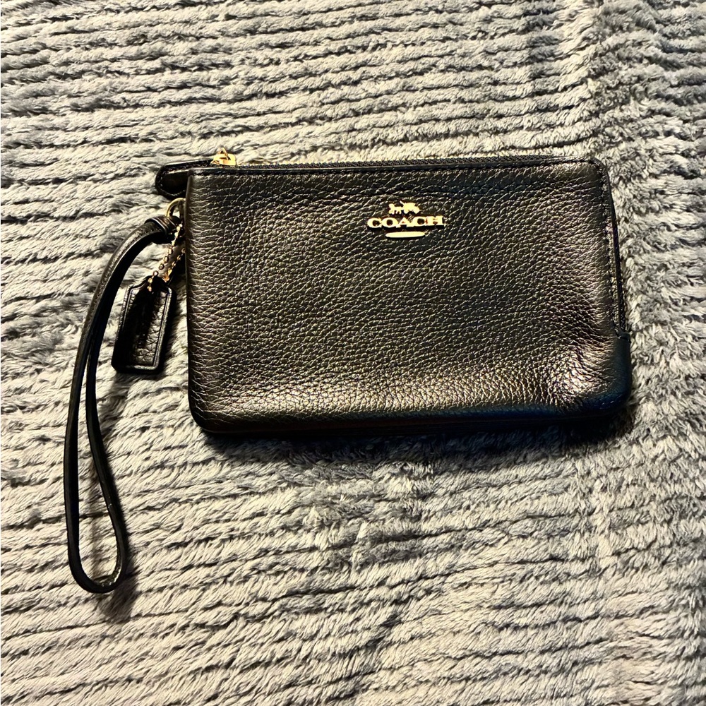 Coach Black Leather Double Zip Wristlet with Gold Accents